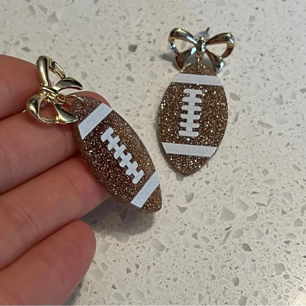 Gold Glitter Football Earrings‎ with bow